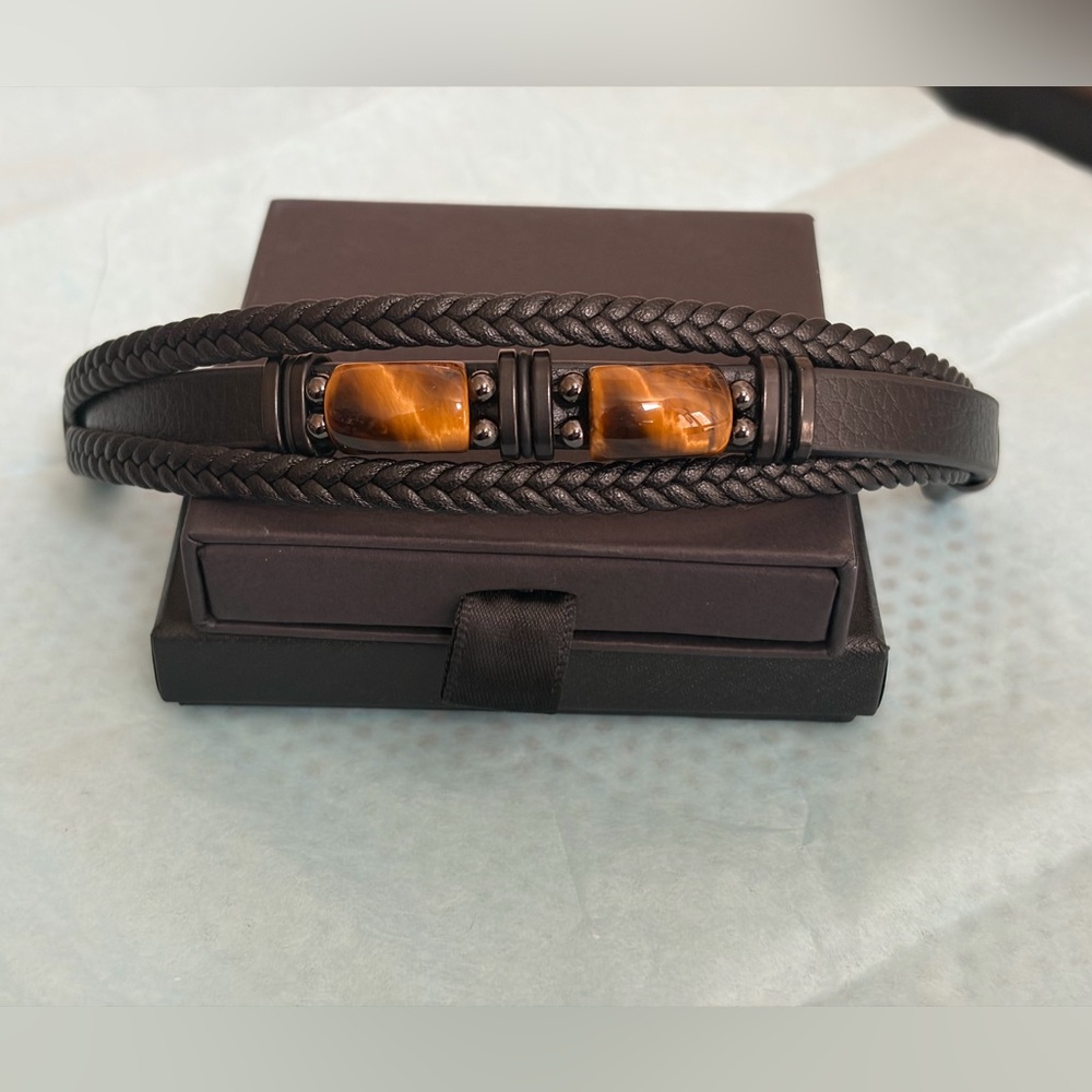 Men's Black Braided Leather Bracelet with Tiger Eye Accents with Magnetic Clasp